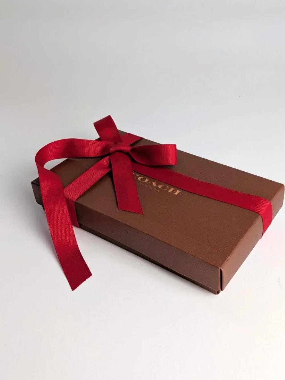 Authentic Coach Brown Wallet Gift Box Set with Red Ribbon, Tissue & Sticker